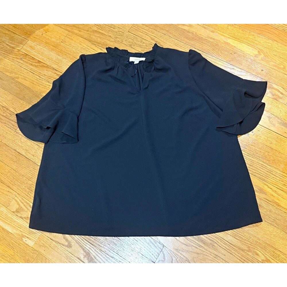CeCe Black Solid Ruffle V-Neck Flutter Short Sleeve Blouse Top Plus 2X